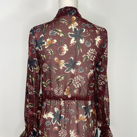Zara Basic Maroon Floral Semi Sheer Long Cardigan Length Blouse. Size XS - Picture 10 of 16